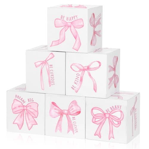 Kigley 6 Pcs Nursery Decor for Girls and Boys Nursery Decor Watercolor Shelf Decoration for Bedroom Playroom Gifts (Bow)