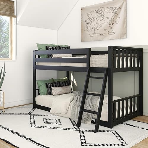 Max & Lily Low Bunk Bed, Scandinavian Modern Bunk Bed, Solid Wood Twin-Over-Twin Bed Frame for Kids, No Box Spring Needed, Black