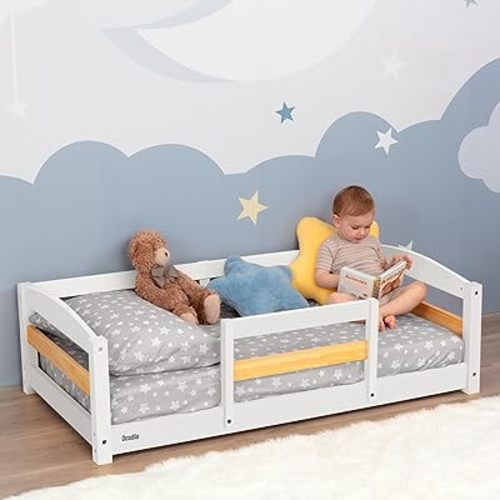 Ocodile Toddler Bed with Rails | Low Montessori Floor Bed for Kids | Standard Crib Size Wooden Frame for Independent Toddlers 1-3 - White