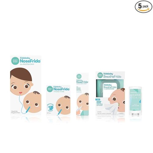 Frida Baby Cold and Flu Relief Set, Congestion Relief Kit, Includes the NoseFrida Nasal Aspirator, Hygiene Filter, Saline Nasal Spray, Baby Vapor Rub & Vapor Nose & Chest Wipes
