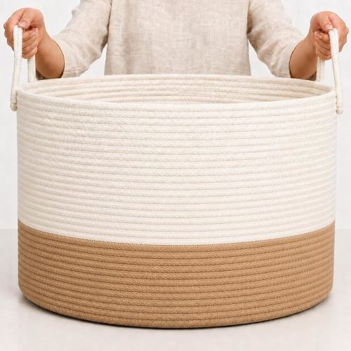 OrganiHaus Round Toy Basket & Blanket Basket, Cotton Rope 20x13" | Honey / Off-White - Round Cotton Rope Basket, 20x13"