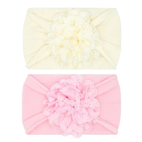 Baby Bling Bows Newborn to Little Girls Hair Bow - EYELET FLOWER HEADBANDS Toddlers Hair Accessories, Made in the USA, One Size (2 Pack Ivory & Pink)