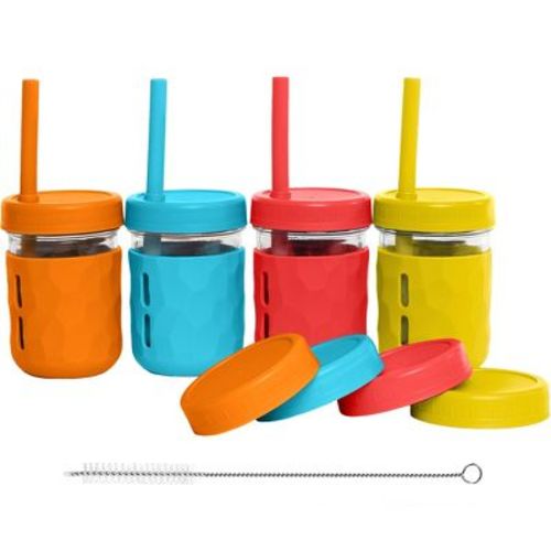 WeeSprout Glass Cups with Lids & Straws, Spill-Resistant Cups - 8 oz, Set of 4 (Bright Orange, Red, Yellow, Blue)