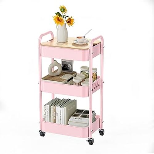 3 Tier Rolling Cart with Table top, Metal Rolling Utility Cart, Sturdy Storage Organizer Cart with Locking Wheels & Hooks for Office, Classroom, Kitchen and Bathroom，Pink