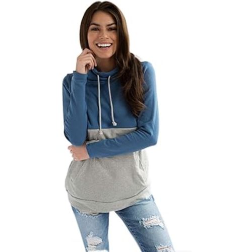 Nursing Sweatshirt with Pockets -Hidden Zipper- Colorblock Blue/Gray