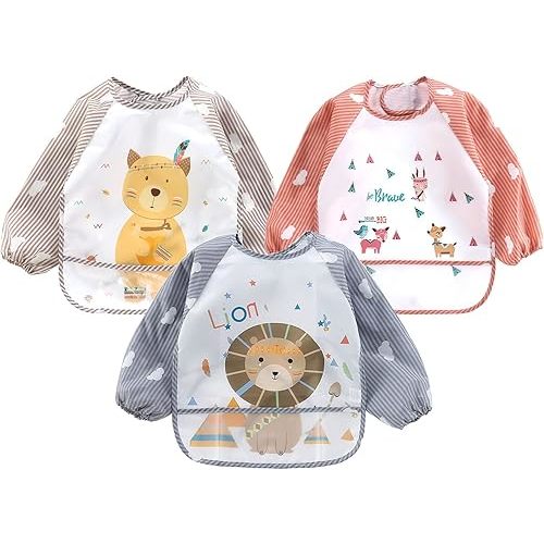 YINGJEE 3 Pack Baby Long sleeve bibs,waterproof baby bib with pocket, Adjustable Neckline sleeve Bibs toddler(6-36 months),enfant manche longue bavette bébé