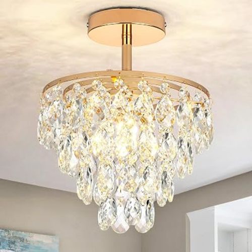 Gold Crystal Chandelier Ceiling Crystal Light Flush Mount Ceiling Lamp Ceiling Light Small Modern Chandelier for Hallway Closet Bathroom Foyer Bedrooms