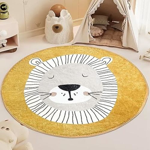 USTIDE Cute Kids Rug Cartoon Lion Rug Round Animal Rug Yellow Lion Play Mat Baby Crawling Carpet Soft 4Ft Circle Rug for Boys Girls Bedroom Kids Playroom Classroom Nursery Decor