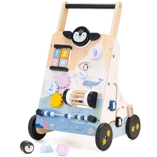 PairPear Wooden Baby Walker, Baby Push Walker Activity Center Toys,Montessori Walker Toy with Shape Sorter, Adjustable Speed Activity Walker Toys Gift for Boys Girls 1 2 3 Year Old（Polar Region）