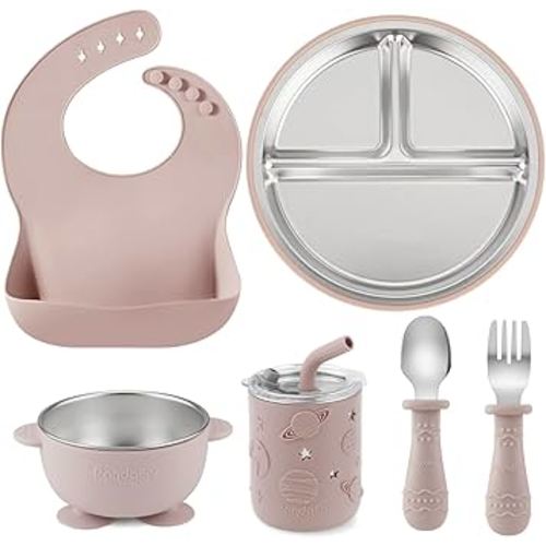 PandaEar 6-in-1 Stainless Steel Baby Feeding Set | Divided Suction Plate, Bowl, Sippy Cup with Straw, Bib, Spoon & Fork | BPA-Free Toddler Feeding Essentials for Self-Feeding (Pink)