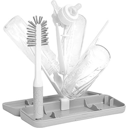 Ubbi On-The-Go Drying Rack and Brush Set, Includes Travel Case and Bottle Brush for Compact Storage, Holds Up to 8 Bottles, Baby Travel Accessories, Gray