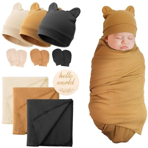 BQUBO 3 Sets Cotton Baby Swaddle Blankets Swaddling Wrap with Hats Mittens Newborn Soft Silky Nursery Receiving Blanket Cute Bear Ears Hat Elastic Gloves Set for Unisex Baby 0-3 Months