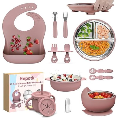 13 Pack Silicone Baby Feeding Set, BPA-Free Stainless Steel Toddler Feeding Supplies, Include Suction Plates, Baby Bowls, Silicone Fork & Spoon, and More, First Stage Baby Dish Set - 6+ Months