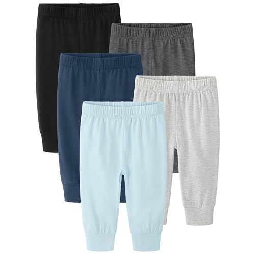 5-Pack Baby Boy Pants 0-24M, Cotton Baby Leggings for Infant & Newborn | Tapered Leg & Ankle Cuffs Baby Pants, Diaper-Ready Fit, Elastic Waistband, Ultra-Soft, Stretchy & Sturdy, Classic Multicolor