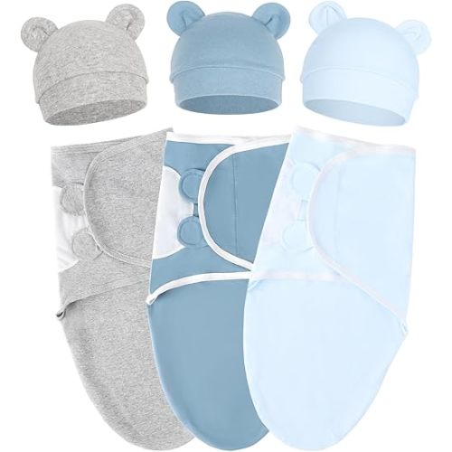 AQOKKA Baby Swaddle Sleep Sacks with Bear Ear Hats Cotton Adjustable Swaddle Blankets Wrap Nursery Swaddles for Newborns Boy Girl Infant 0-3 Months