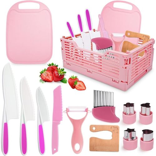3 4 5 Year Old Girl Gifts, Exssary Kids Knife Set for Real Cooking Toys for 3 4 5 6-8 Year Old Girls Montessori Toddler Kitchen Tools Cutting Board Knives Birthday Gift Girls Toys Age 4-6 7-10 Pink