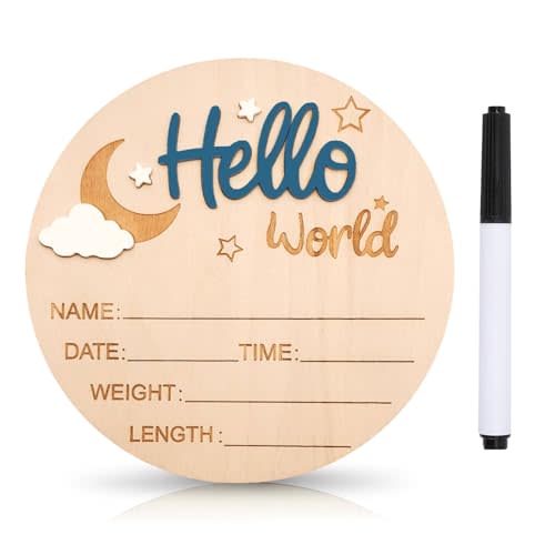Baby Announcement Sign, 5.9 Inch Wooden Hello World Newborn Signs, Birth Announcement Sign and Pen, Moon and White Cloud Decoration, Welcome Newborn Arrival to World, Hospital Nursery for baby (Dark Blue)