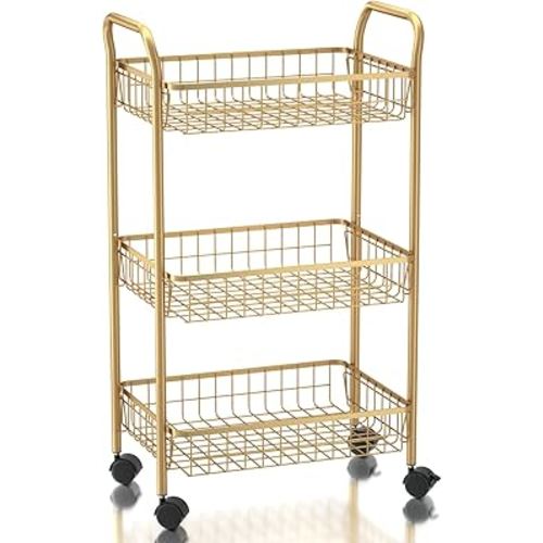 3 Tier Rolling Utility Cart, Storage Trolley Service Cart with Wheels Easy Assembly for Kitchen, Living Room, Office, Salon, Gold