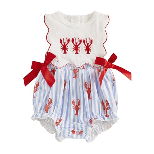 Baby Girl Summer Striped Crawfish Romper | Newborn Infant Smocked Bubble Summer Sleeveless Onesie Striped Crawfish Embroidered Romper