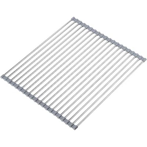 Hhyn Roll Up Dish Drying Rack Over The Sink 17.7"(L) x 15.6"(W), Multipurpose Foldable Stainless Steel Kitchen Rollable Drainer Rack, Gray