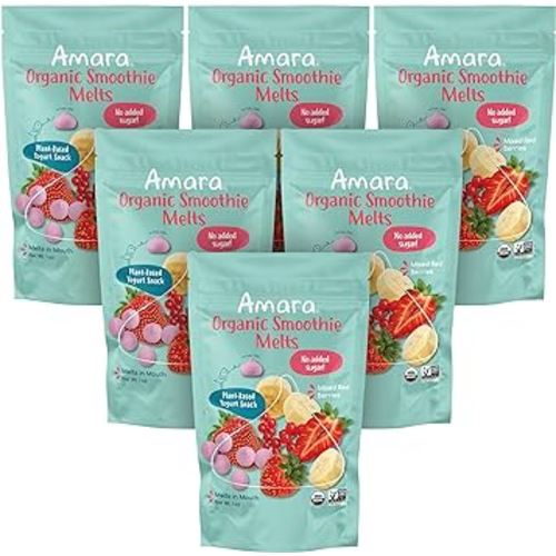 Amara Smoothie Melts - Mixed Red Berries - Baby Snacks Made With Fruits and Vegetables - Healthy Toddler Snacks For Your Kids Lunch Box - Organic Plant Based Yogurt Melts - 6 Resealable Bags