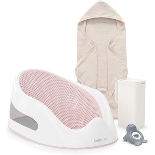 Angelcare Baby Bath Support Bundle, Rinser, Thermometer & Towel, Pink