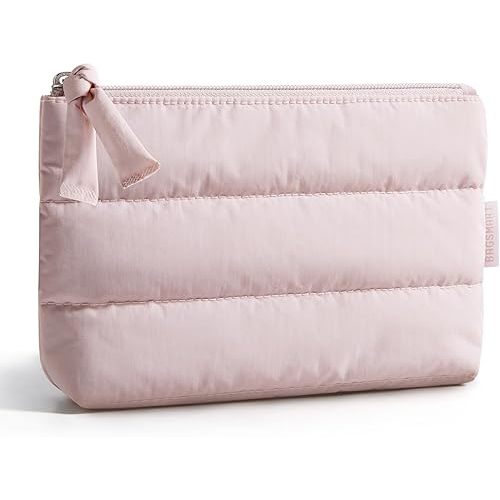 BAGSMART Small Makeup Bag, Puffy Portable Cosmetic Pouch with Charm Zipper, Water-Resistant Travel Organizer for Women (Baby Pink, Small)