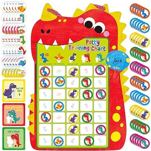 Magnetic Potty Training Chart, Dinosaur Reward Potty Training Chart with 50 Reusable Dinosaur Magnets Plus 45 Stickers and a Storage Bag, Perfect for Boys & Girls, Multiple Toddlers (14.2” X 10”)