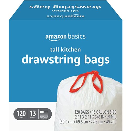 Amazon Basics Tall Kitchen Drawstring Trash Bags, Sturdy and Tear Resistant, 13 Gallon, Unscented, 120 Count