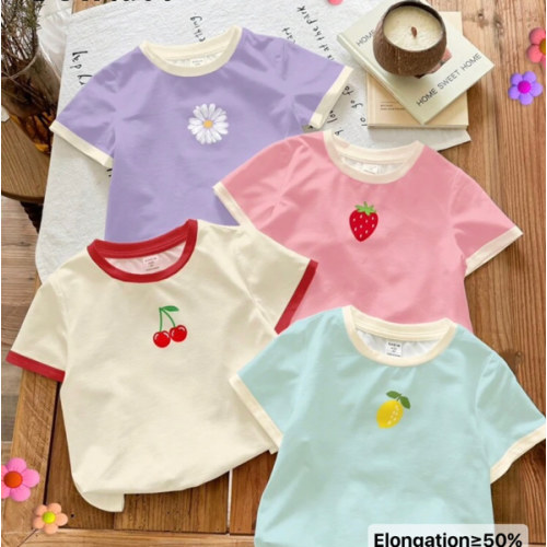 SHEIN LMoss Kids 4pcs Baby Girl Cute Dopamine Fruit Cherry,Strawberry,Lemon,Flower Graphic T-Shirts,Purple,Summer,Casual,Graduation,Back-To-School Round Neck Tops | SHEIN USA