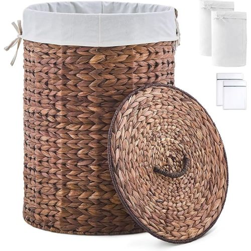 Round Water Hyacinth Laundry Hamper with Lid Handwoven Wicker Basket with Handles for Dirty Clothes, Storage, and Organization Ideal for Bedroom, Bathroom, and Laundry Room, No Assembly Required, 90L