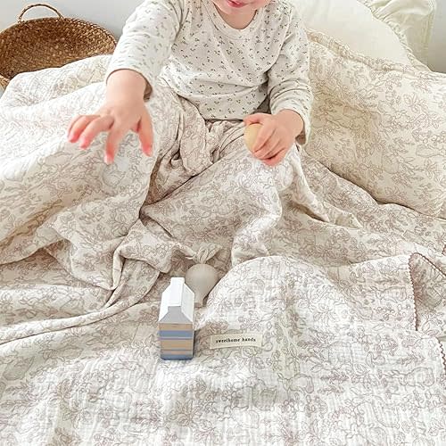 Large Muslin Toddler Blanket Forest Rabbit Mushroom Pattern,47"x51"