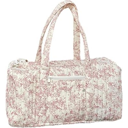Quilted Duffle Bag Soft Cotton Zipper Portable Floral Puffer Duffle Bag for Women with Handle for Travel Weekend Gym, Cute