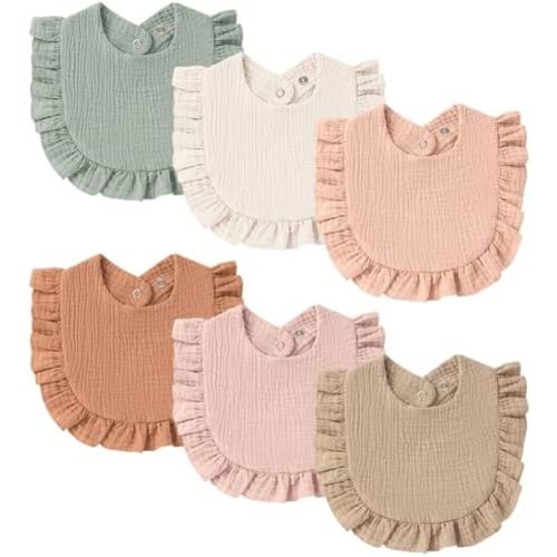 Muslin Baby Bibs, Ruffle Edge Drool Bibs, 6-Pack