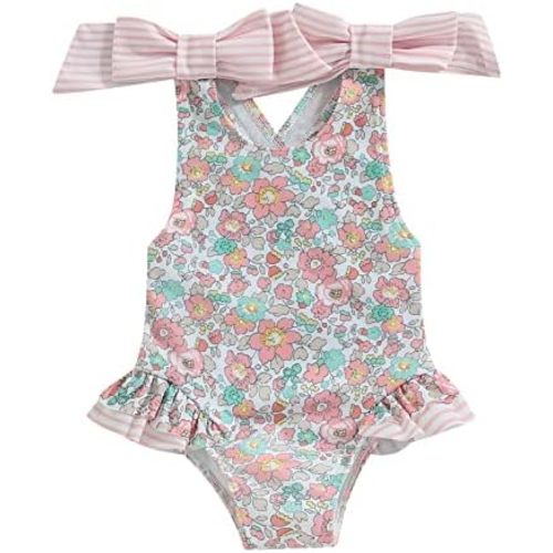 Toddler Girls Strap One Piece Swimsuit Floral Sleeveless Backless Bathing Suit Ruffles Bowknot Swimwear Summer Beach Wear