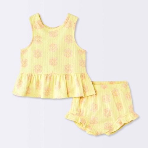 Baby Girls' 2pc Floral Peplum Tank Top and Ruffle Shorts Set - Cloud Island™ Lemon Yellow 3-6M