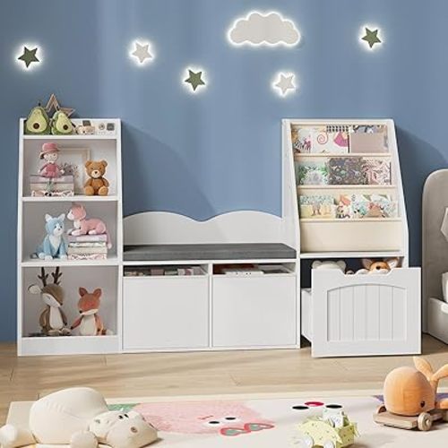 CHOEZON 53.1" Kids Bookshelf with Reading Nook, 4-in-1 Children's Bookcase with Soft Bench, Reading Nook for Kids with Mobile Drawer & Fabric Bins, Storage Shelves, Bookshelf for Kids, White MCW18WB