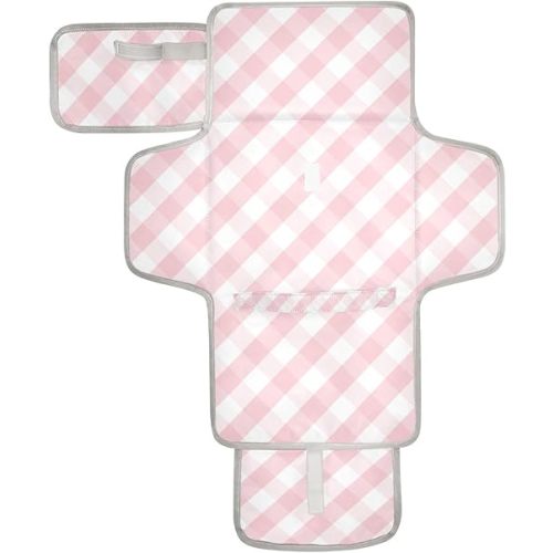 Portable Diaper Changing Pad Travel Baby Changing Mat Waterproof Diaper Changing Mat Foldable Lightweight Baby Changer with Built-in Pillow Checkered Pink