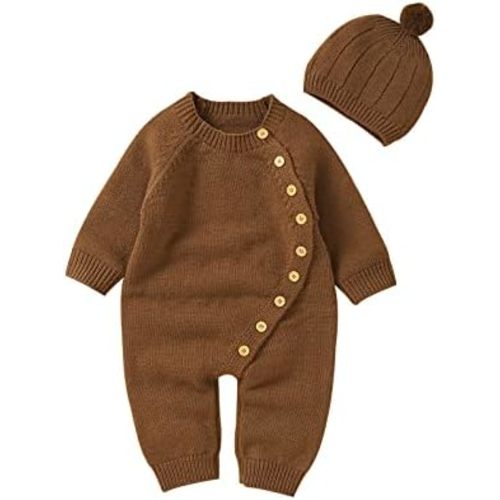 Newborn Baby Boy Girl Footie Romper Waffle Knit Side Button Jumpsuit Infant Sweater Coverall with Hat