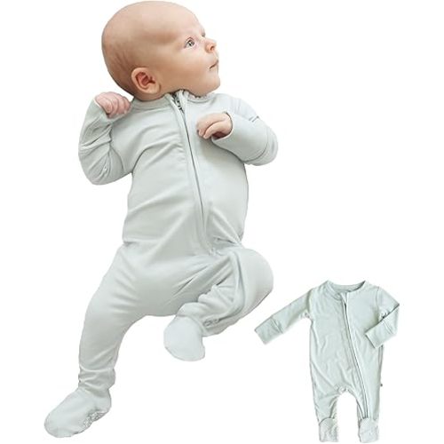 Caden Lane Zippered Baby Footie Pajamas, Soft Onesie Bodysuit with Feet & Double Zipper for Easy Diaper Change, Infant, and Toddler Footed One-Piece Jumpsuit, Mist Grey, 6-12 Months