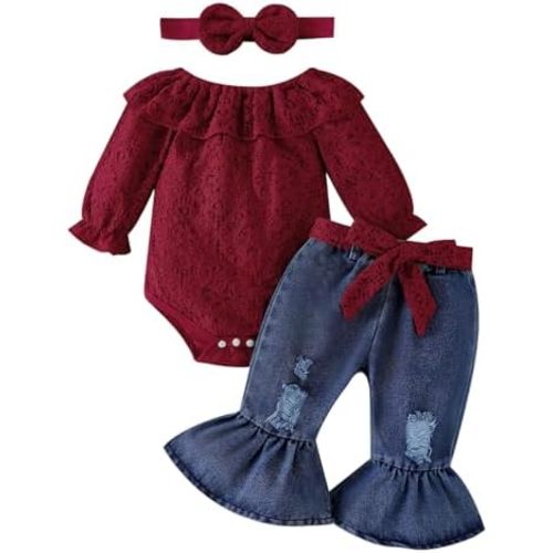 Baby Girl Clothes Lace Off Shoulder Romper Flare Jeans Pants Headband and Belt 4pcs Outfit 3-24 Months