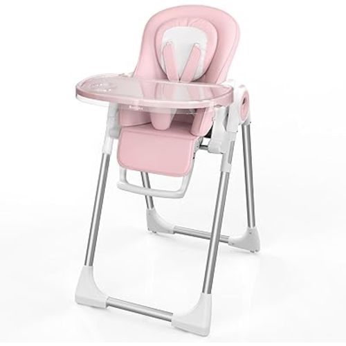 Babilous High Chair, Foldable High Chairs for Babies and Toddlers, Ultra Safe for Infant with Lockable Wheels, Easy Clean, Removable Tray/Adjustable Footrest for Baby Feeding HighChair, Pink