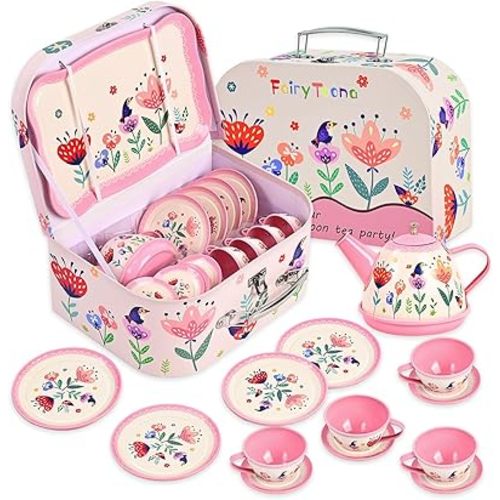 Floral Tea Party Set for Little Girls Ages 3-6, 15-Piece Pretend Play Kitchen Toys with Teapot, Cups, Plates & Storage Case, Princess Gift Set (Pink)