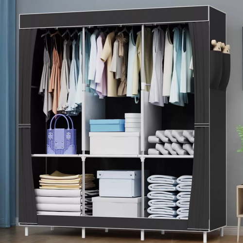 Portable Closet Organizer, Hanging Clothing Rack Shelf, Dustproof Non-woven Fabric Wardrobe Closet Storage, Black