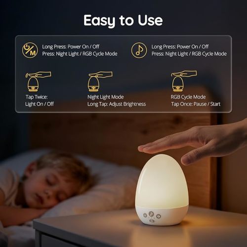 JolyWell Night Light for Kids, Baby Night Light with Sound Machine, RGB Egg Night Light for Nursery, Stepless Dimming, Touch Control, Night Lamp for Kids Bedroom, Safe & Harmless, Eye-Caring