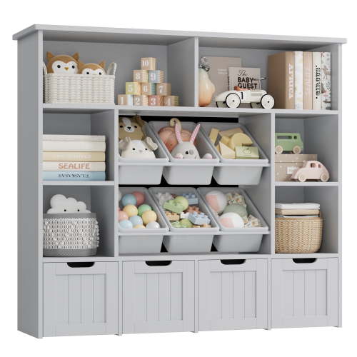 Hiphuta Large 4 Tier Kids Bookcase, Wood Toy Organizer of 6 Boxes & 4 Removable Drawers, Bookshelf for Kids Room, Gray