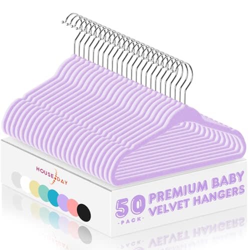 HOUSE DAY 11 Inch Velvet Baby Hangers 50 Pack Lt-Purple, Premium Kids Hangers for Children, Infant & Toddler Clothes, Durable Non Slip Small Baby Felt Hanger for Closet, Ideal for Everyday Use