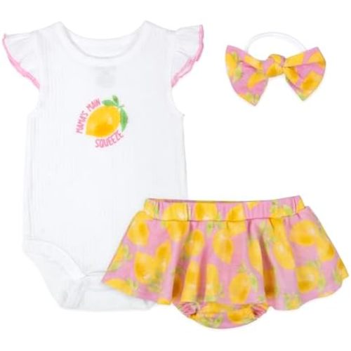 Baby Essentials Baby Girl Outfit Set,3 Piece Short Set with Ruffle Sleeve Bodysuit, Bloomers & Headband,Gift Collection