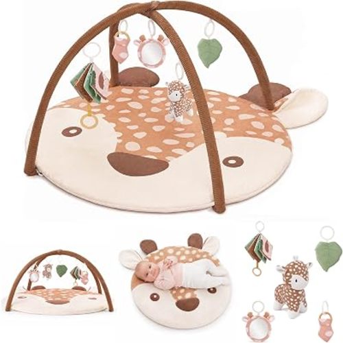 2PM SPORTS Baby Play Gym Tummy Time Play Mat with 5 Detachable Toys – Deer Theme, Machine Washable Baby Playmat for Sensory Development, Activity Mat for Newborn Infant 0-6 6-12 Months, Baby Gift