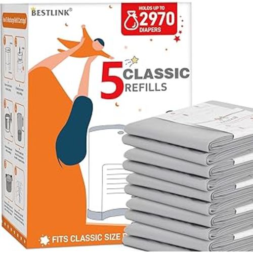 5 Pack Refills Compatible with DEKOR CLASSIC Diaper Pails | 20% Extra Length Diaper Pail Refill Bags Liners Holds 2970 Diapers | Ultimate Odor Control with Baby Scented